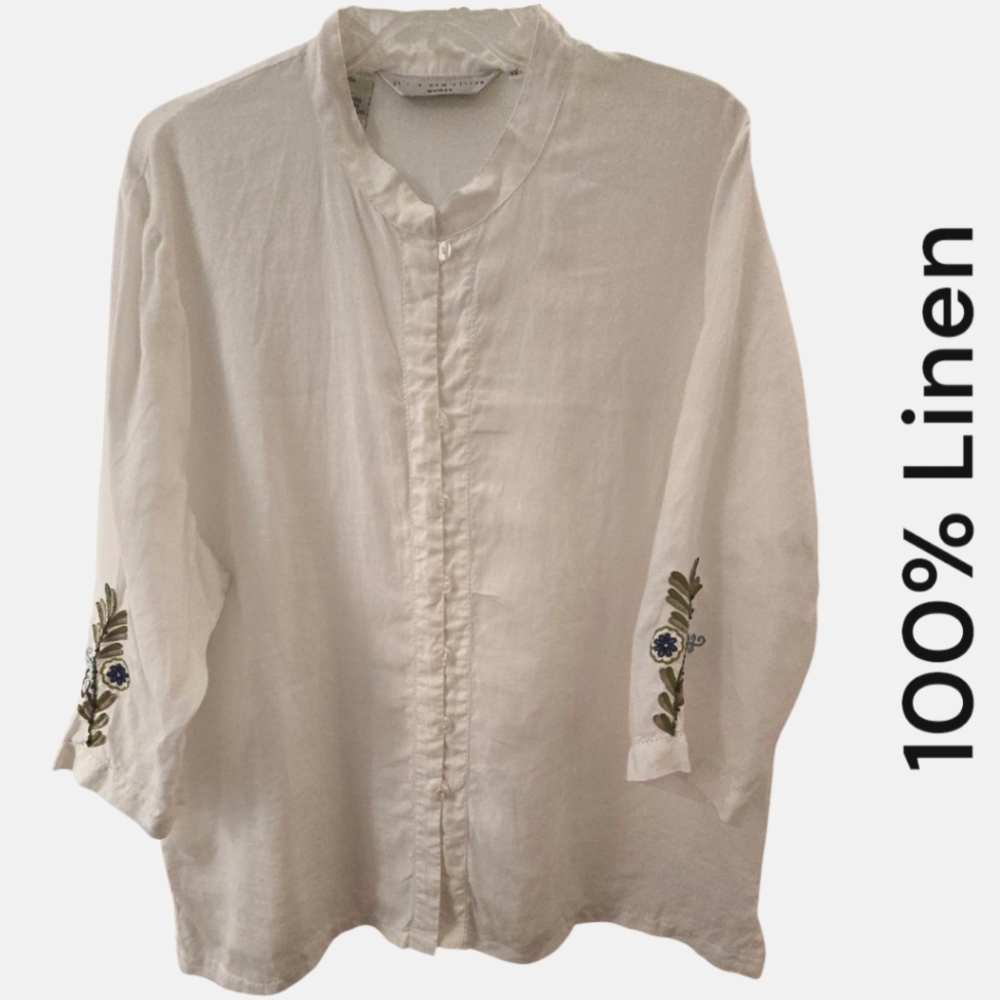 Linen Embroidered Button Down Blouse  3/4 Sleeves Plus Size 2X